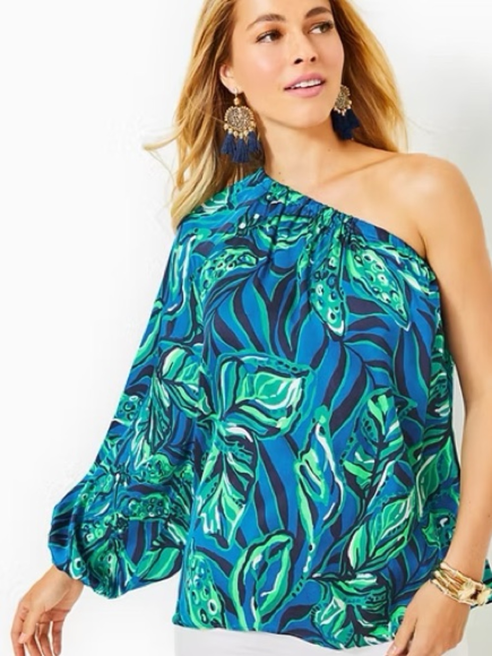 NWT Lilly Pulitzer One-Shoulder Blouse, Indigo Breeze, Shady Gators